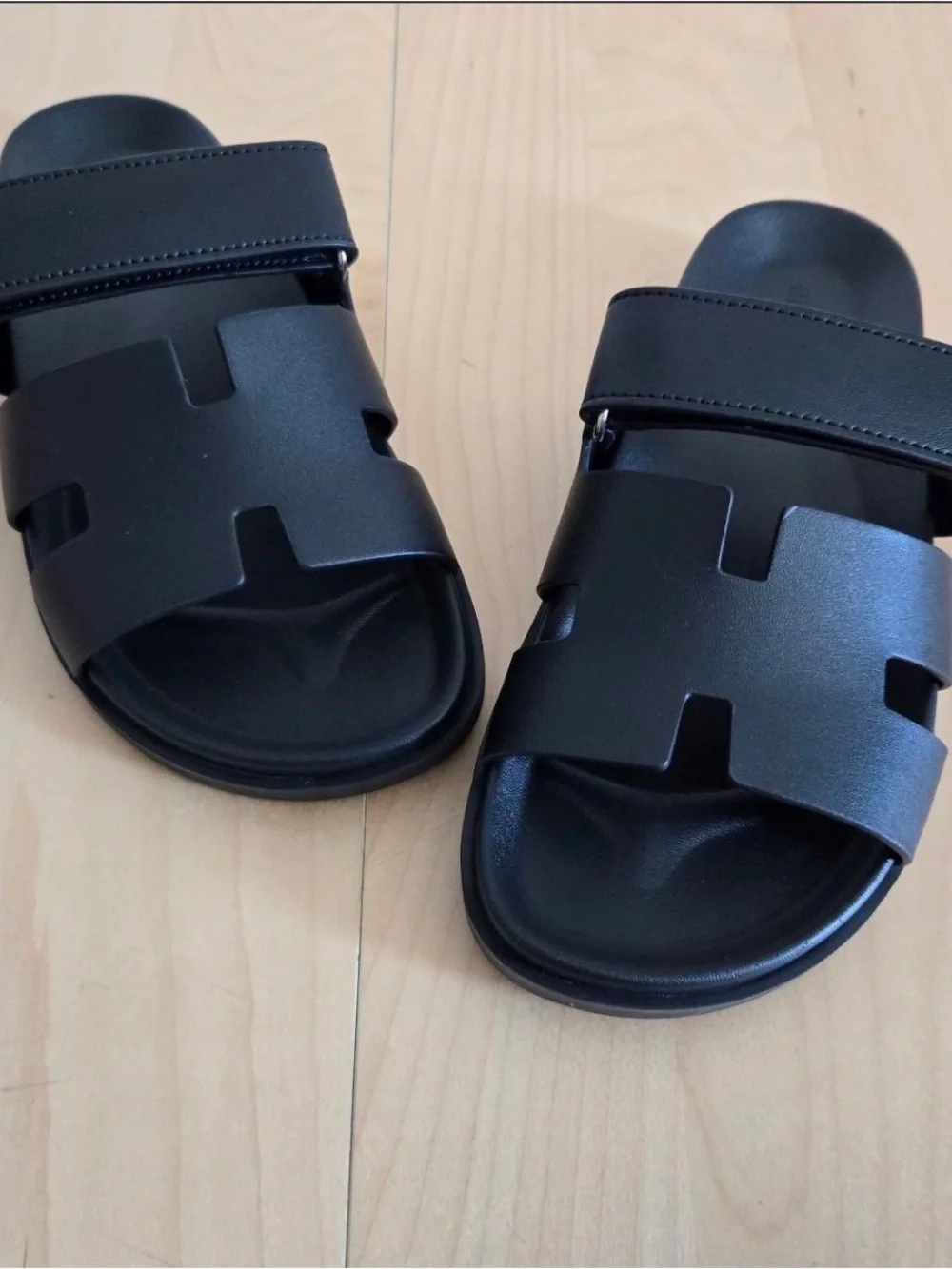 Hermes Black Men's Leather Double-Strap Slide Sandals